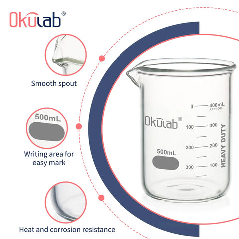 Low Form 500mL Glass Beaker Set 6 Pack Pro Grade Borosilicate 3.3 Beakers For Lab Classroom Craft And Kitchen Use shown with features.