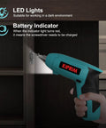 Compact 4V Cordless Screwdriver With Rechargeable Battery 11 Piece Bit Set LED Front Light And Power Display In Use