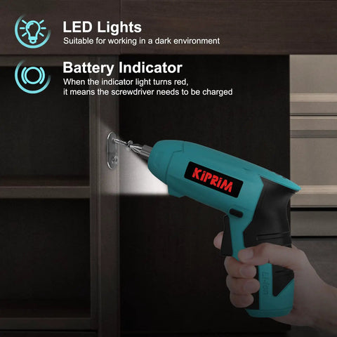 Compact 4V Cordless Screwdriver With Rechargeable Battery 11 Piece Bit Set LED Front Light And Power Display In Use