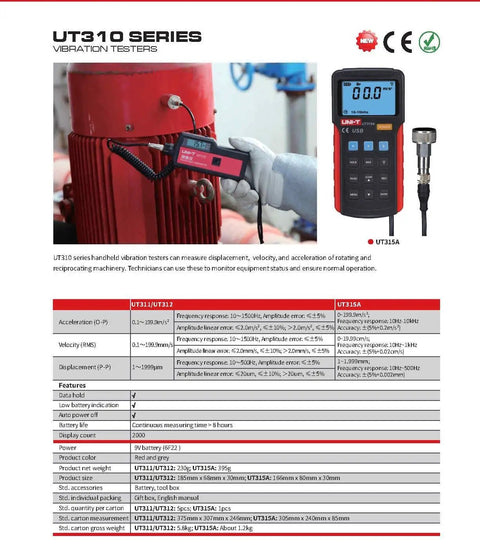 Portable Digital Vibration Tester UT315A Vibrometer For Crazy Accurate Readouts Of Acceleration, Velocity And Displacement With USB Interface, Multiple Frequency Modes, Data Hold, Auto Power Off, CE UKCA Certified handheld meter with probe