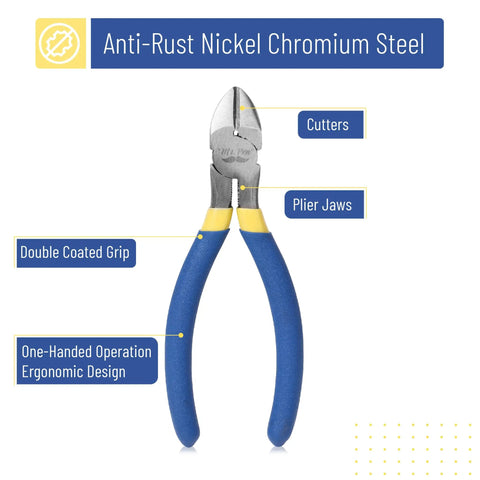 6 Inch Diagonal And Flush Cutting Pliers With Side Cutters For Wire And Floral Work, Anti-Rust Nickel Chromium Steel