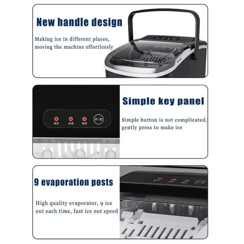 Portable Countertop Ice Maker Serving Solid Cubes In Six Minutes Flat Includes Built In Handle And Scoop Hella Quiet Self Cleaning showing handle and control panel.