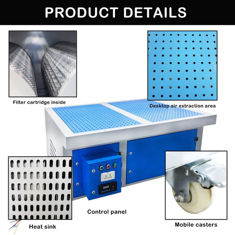 Heavy Duty Metalworking Downdraft Table Featuring A Rock Solid Dust Collector And Welding Fume Extractor Crafted For Grinding Polishing Workstations details showcasing filter, control panel, and air extraction.