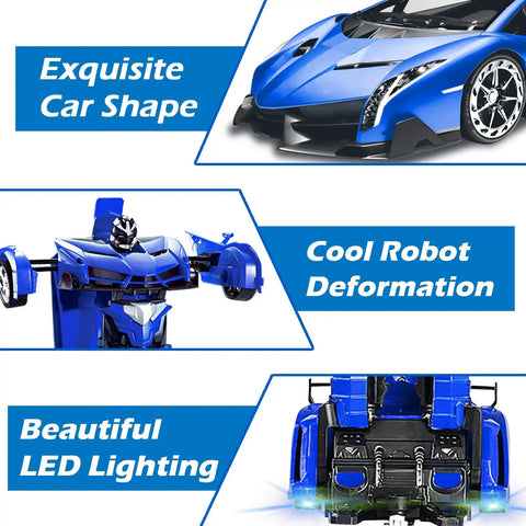 Blue 2 In 1 Transform RC Car Robot With Lights, 1:18 Scale, showing car shape, robot form, and LED lighting.