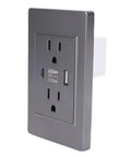 Game On Wall Outlet With Dual Usb And Type C Ports Delivers 15 Amp Fireproof Safety, gray wall outlet with USB and Type C ports.