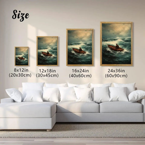 Framed Stormy Ocean Rowing Poster Canvas Print Art Vintage Contemporary Wall Decor in four sizes above a white sofa