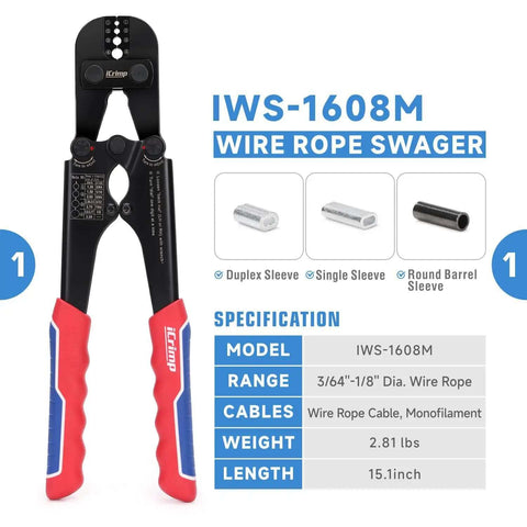Heavy Duty Wire Rope Crimping Tool Kit With Swager And Cutter, Aluminum Loop Sleeves Set In Sizes 3/64 1/16 5/64 3/32 7/64 1/8