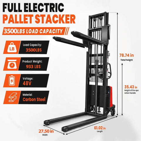 Full Electric Pallet Stacker Boasting 94 Inch Lifting Height For Busy Warehouses With 1.6 KW Motor And 3500 Lb Heavy Duty Capacity To Move Any Load Like A Champ, showing specifications and dimensions.