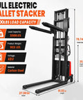 Heavy Duty 3500 Lbs Electric Pallet Stacker With Walkie Controls And 94 Inch Lifting Height For Smooth Warehouse Operations featuring carbon steel construction and detailed specs.