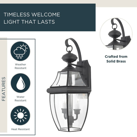 Newbury 20 Inch Outdoor Wall Lantern Two-Light Mystic Black With Clear Beveled Glass E12 Base French Country Style Weather Resistant