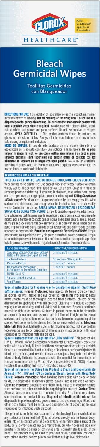 Hospital Grade Germicidal Bleach Wipes Ready To Use Disinfectant For Industrial Cleaning instructions panel with text details.