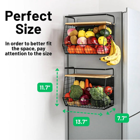 Magnetic Fridge Shelf With Wood Lid Durable Fruit Potato And Onion Storage Bins Pantry Organizer For Refrigerator Kitchen Counter And Cabinet Large Magnetic Spice Rack For Easy Refrigerator Organization installed on fridge with fruits
