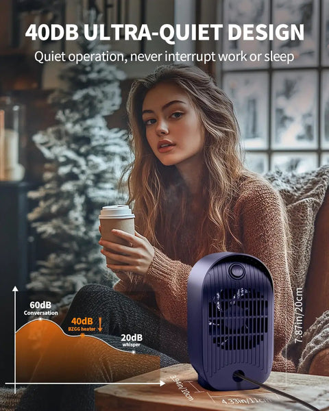 Portable Indoor Space Heater With 2 Second Instant Heating For Quick Warmth At Your Desk Or In The Bedroom in front of woman with coffee