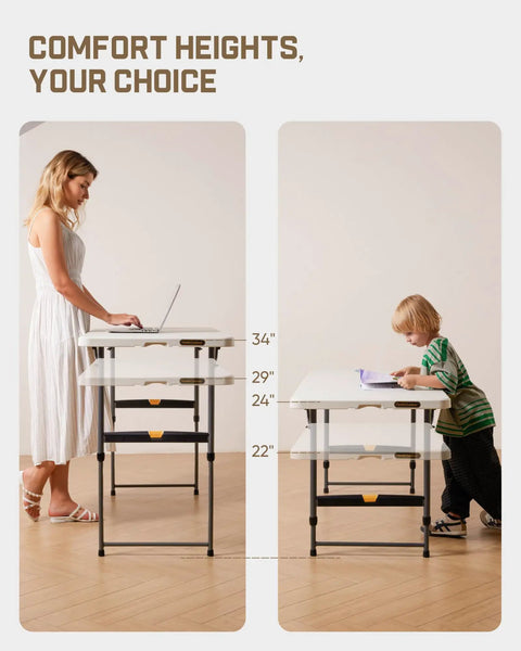 Woman and child at Four Foot Outdoor Folding Table With Quick Adjustable Height No Assembly One Hand Lift Operation Locking Legs