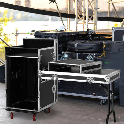 Slick Extra Heavy Duty 16U Rolling Rack Case With Six Smooth Casters And Two Folding Side Tables Great For DJ Mixers Studio Controllers Amplifiers Pro Gear Hauler