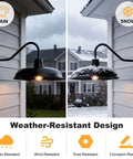 12 Inch Gooseneck Barn Light Fixture Set Of 2 Outdoor Lanterns in rain and snow, showcasing industrial black waterproof farmhouse porch lights.