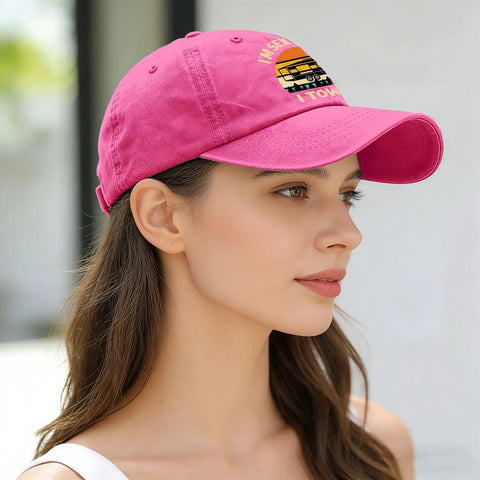 Woman wearing rose red 'I Am Sexy And I Tow It Vintage Camping RV Camper Truck Hat For Men Funny Outdoor Cap' side profile