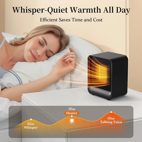 Woman sleeping with Portable Mini Space Heater 500W Fast Heating for Indoor Use with Overheat and Tip Over Protection