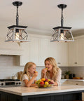 Farmhouse Style Pendant Light Fixture For Dining Room Hallway Entryway And Kitchen Island 1 Light Industrial Chandelier With Oak White Frame And Black Matte Iron Finish UL Listed For Indoor Living Spaces hanging over a kitchen island.