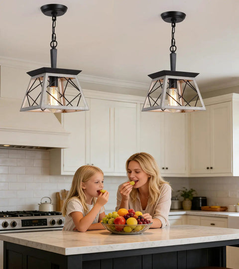 Farmhouse Style Pendant Light Fixture For Dining Room Hallway Entryway And Kitchen Island 1 Light Industrial Chandelier With Oak White Frame And Black Matte Iron Finish UL Listed For Indoor Living Spaces hanging over a kitchen island.