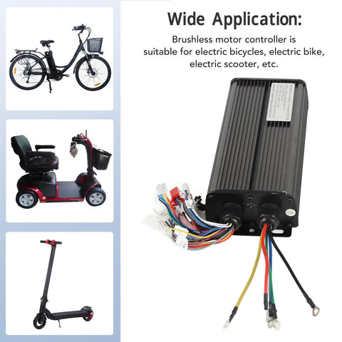 Beefy 2000W Brushless Bike Controller for E Bikes and Scooters, shown with electric bike, scooter, and mobility scooter applications