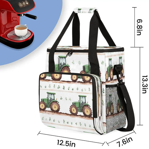 Farm Style Coffee Maker Travel Bag With Pockets For K Cup Pods Waterproof Durable Polyester Foam Lined Storage Case For Single Serve Brewers Portable Organizer For Road Trips And Home Office with tractor design.