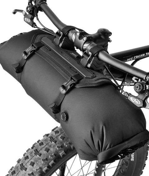 Frontloader 8 Liter Bar Bag For Bike Handlebar Mount, waterproof gear carrier attached to bike with quick release straps.