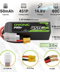 4S 14.8V 80C 450mAh LiPo Battery Long Size with XT30 Plug Two Pack for RC Cars Drones and Airplanes High Discharge Power