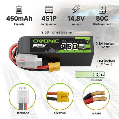 4S 14.8V 80C 450mAh LiPo Battery Long Size with XT30 Plug Two Pack for RC Cars Drones and Airplanes High Discharge Power