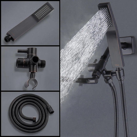 All Metal 8 Inch Dual Square Shower Head With Handheld Combo Built To Last Rain Shower Head With Adjustable Extension Arm