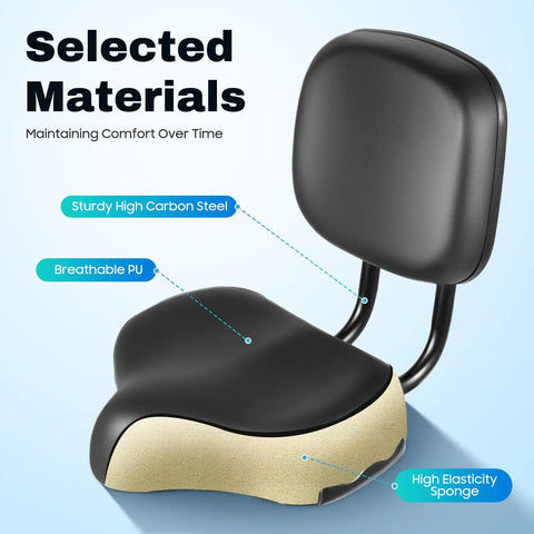 Wide Comfy Bike Seat With Backrest Padded PU Cushion Adjustable Height Leather Saddle Pad For City Commuter Electric Bikes And Tricycles Pain Free Rides And Easy All Day Comfy On Every Ride, black PU seat with steel backrest