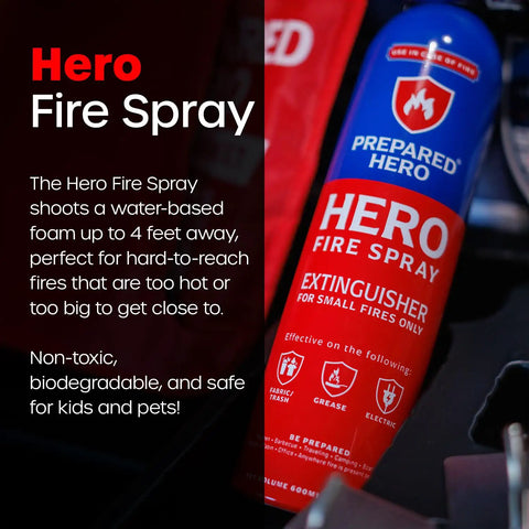 Hero Fire Spray from Ultimate Home Fire Safety Kit With Fiberglass Fire Blanket Pack, Mini Fire Extinguisher, Fire Spray, And Essential Emergency Supplies For Quick Kitchen And House Prep.