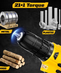 20V Cordless Drill Set With 2.0Ah Batteries, Pure Copper Motor, 30Nm Torque, 21 Plus 1 Clutch, Two Speed Settings, Built In LED Light demonstration, showing use on metal, plastic, and wood.