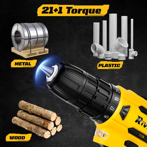 20V Cordless Drill Set With 2.0Ah Batteries, Pure Copper Motor, 30Nm Torque, 21 Plus 1 Clutch, Two Speed Settings, Built In LED Light demonstration, showing use on metal, plastic, and wood.