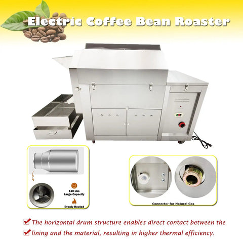 Top Shelf Pro Grade Gas Coffee Roaster 110 Lb Batch Capacity Stainless Steel Bean And Nut Machine with horizontal drum design.