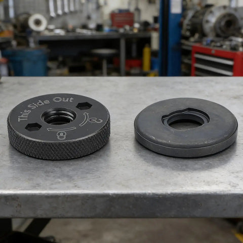 Heavy Duty Angle Grinder Flange Set With Beast Mode Inner Outer Clamps showing solid metal discs for cutting tasks.