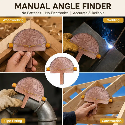 Professional Grade Battery Free Wood Angle Finder With Engraved Degree Scale And String Alignment Setup for precise angle measurement in woodworking and welding.