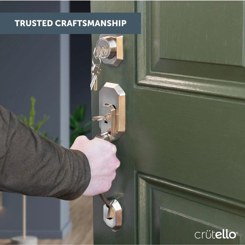Person opening door with Classic Satin Nickel Exterior Handleset With Single Cylinder Deadbolt Door Handle And Knob Front Door Locks Heritage Style Entry Set For A Classic Curb Appeal Home Entrance.