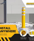 Real Deal Removable Safety Bollard 34.5 Inch Reflective Yellow Traffic Post outside, showcasing installation against a building.