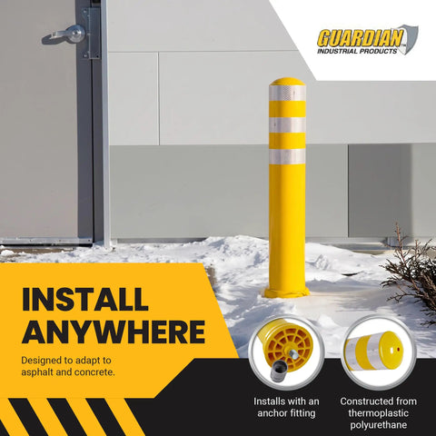 Real Deal Removable Safety Bollard 34.5 Inch Reflective Yellow Traffic Post outside, showcasing installation against a building.