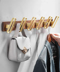 Heavy Duty Solid Wood Wall Hooks Slick Brushed Gold Finish Double Arm Coat Rack with grey bag and jacket hanging