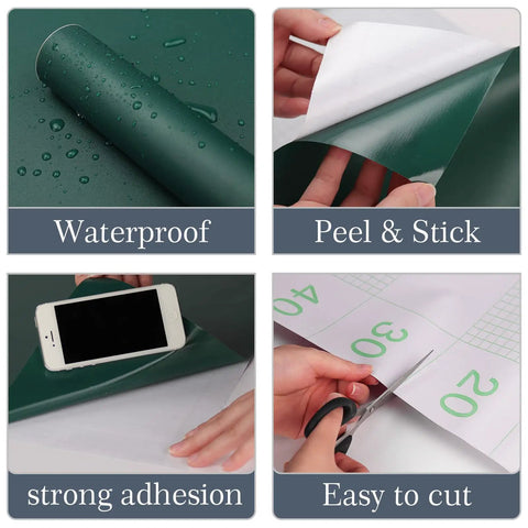 Dark Green Peel And Stick Wallpaper Removable Vinyl Self Adhesive Wall Covering For Counters Cabinets And Rooms Renter Friendly Large Roll With Grid Cut Guide 15.7 Inches By 315 Inches showcasing waterproof, peel and stick, strong adhesion, easy to cut features.