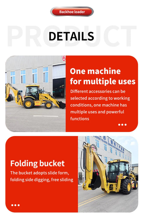 Compact Excavator Backhoe Loader For Landscaping And Construction Mini Wheel Tractor Digger Small Backhoe Machine With Strong Hydraulic Power Perfect For Trenching Farm Work And Light Demolition showing folding bucket feature and multiple uses
