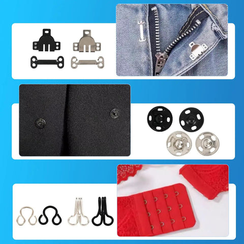 Everyday Quick Fix Hook And Eye Sewing Kit With 112 Pairs In Assorted Sizes Black And Silver Metal Closures For Clothing Bras Skirts Dresses Pants Plus Handy Organizer