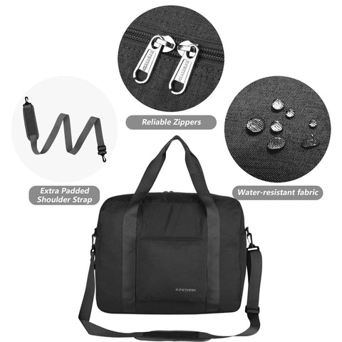 Underseat Travel Duffel Bag 25L Foldable Personal Item For Women And Men Fits Spirit And Frontier Size Under Seat Carry On Luggage Black With Thick Lining And Internal Organization For Easy Packing displaying zippers, shoulder strap, and water-resistant fabric.