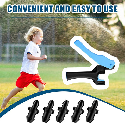 Drip Irrigation Hole Punch Tool Set with Fifty Goof Plugs and One Punch Tool for DIYers with child running in garden
