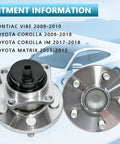 Rear Wheel Hub Bearing Assembly Drop In Ready 2 Pack Compatible With Toyota Corolla 2009 2019 Matrix 2009 2014 Pontiac Vibe 2009 2010 With ABS 5 Lug Durable OEM Style Replacement for Smooth Quiet Ride shown with fitment details background.