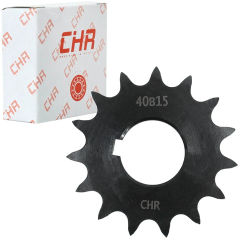 ANSI 40 Roller Chain Sprocket, 15 Tooth, 1 Inch Bore, BHub Carbon Steel Industrial Sprocket next to branded box