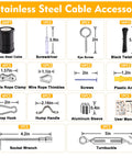 Outdoor String Light Hanging Kit With 200 Ft Nylon Coated Stainless Steel 304 Wire Rope Cable Turnbuckle Plus Gear Weatherproof Easy Install For Patio Deck Garden Or Backyard accessories, including cable, tools, and fittings.