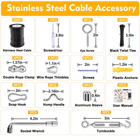 Outdoor String Light Hanging Kit With 200 Ft Nylon Coated Stainless Steel 304 Wire Rope Cable Turnbuckle Plus Gear Weatherproof Easy Install For Patio Deck Garden Or Backyard accessories, including cable, tools, and fittings.